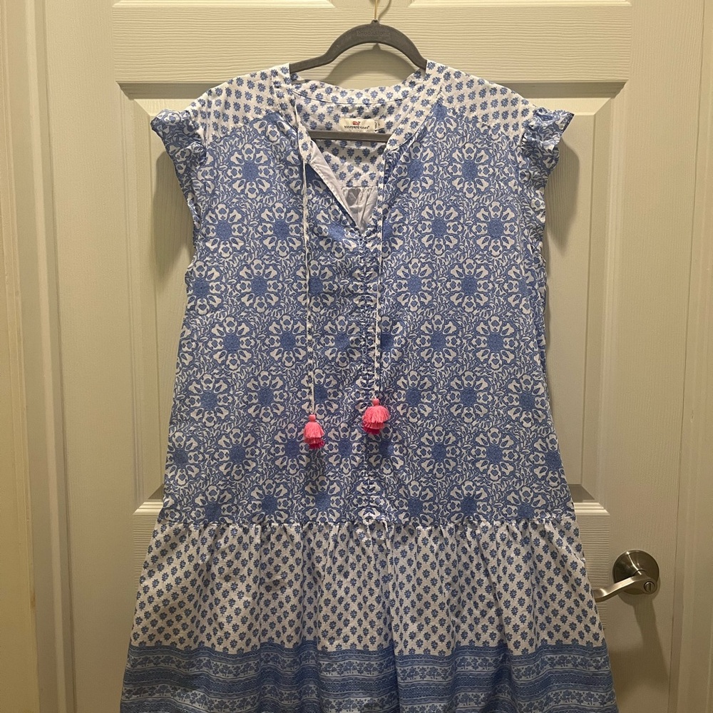 Vineyard Vines Blue and White Ruffled Drop-waist Sundress